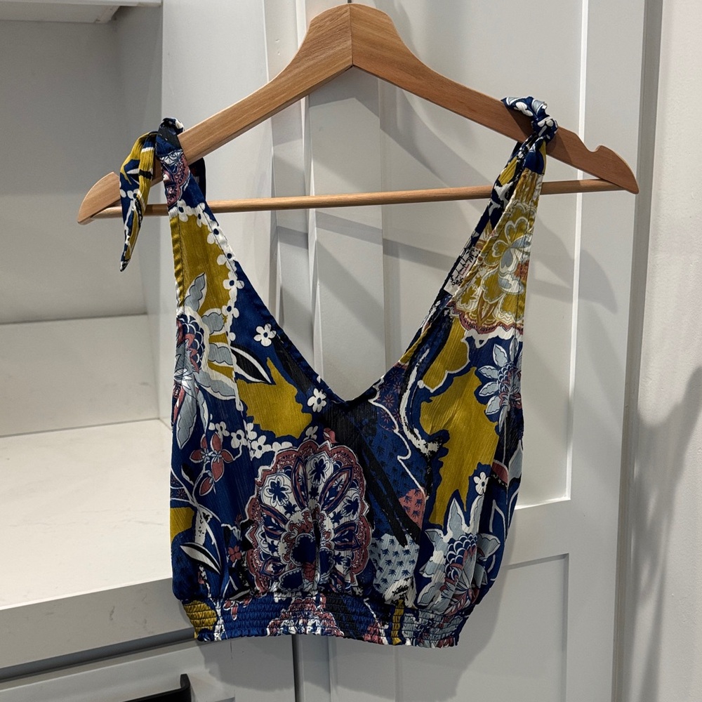 Free People Floral Tie-Shoulder Tank Top - Blue, Yellow, White